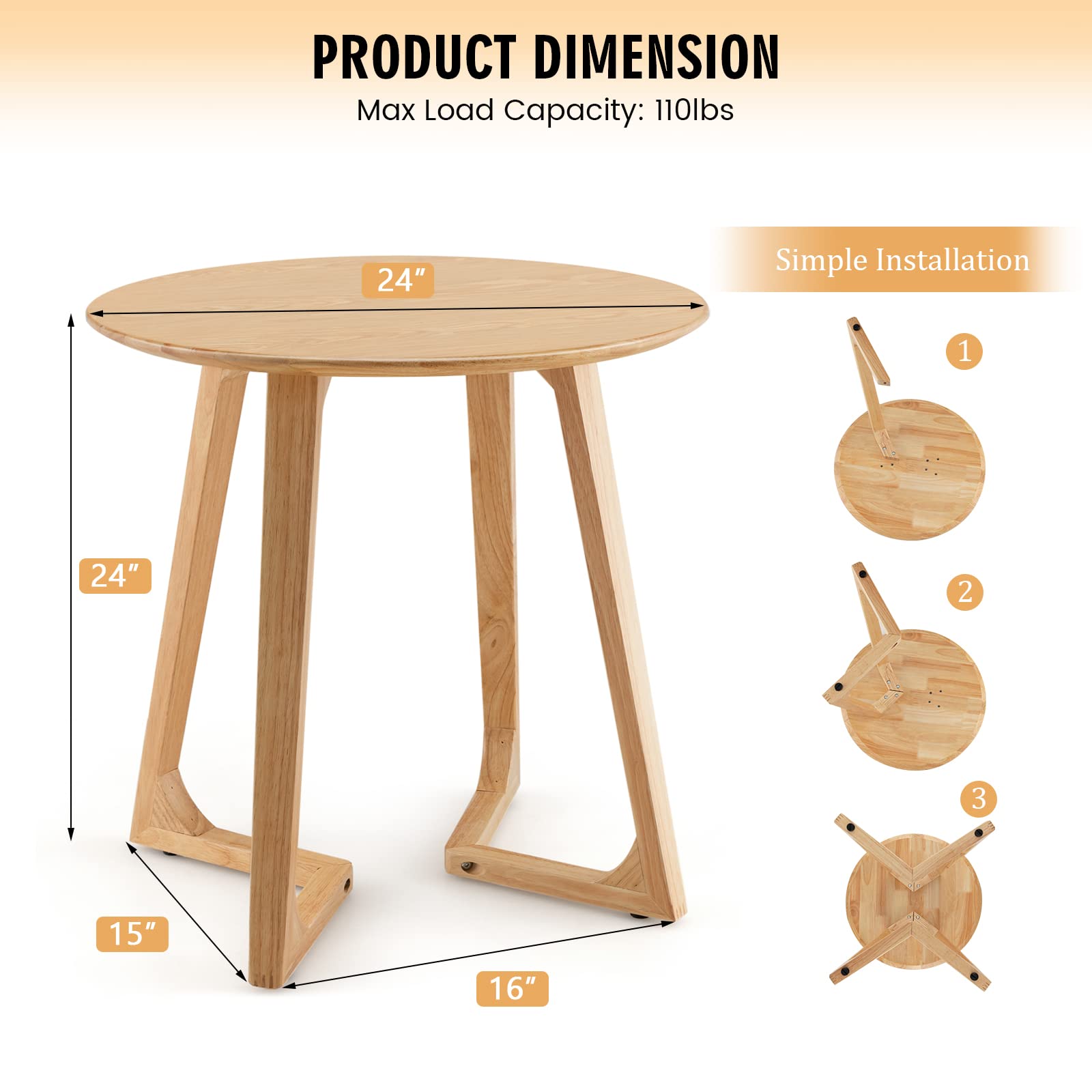 Giantex 24" Round End Table - Rubber Wood Sofa Side Table with Adjustable Foot Pads, Natural