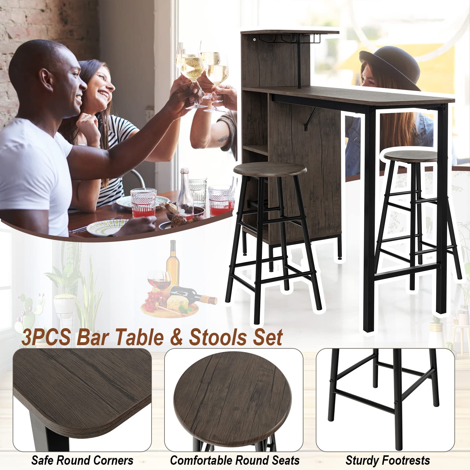 Giantex 3 Pieces Bar Table and Stools Set, Bistro Table Set with Glass Holder (Brown)