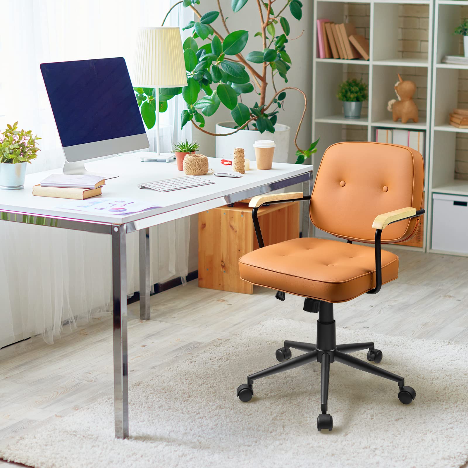 Giantex Home Office Chair, Height Adjustable PU Leather Desk Chair w/Rocking Backrest, Orange