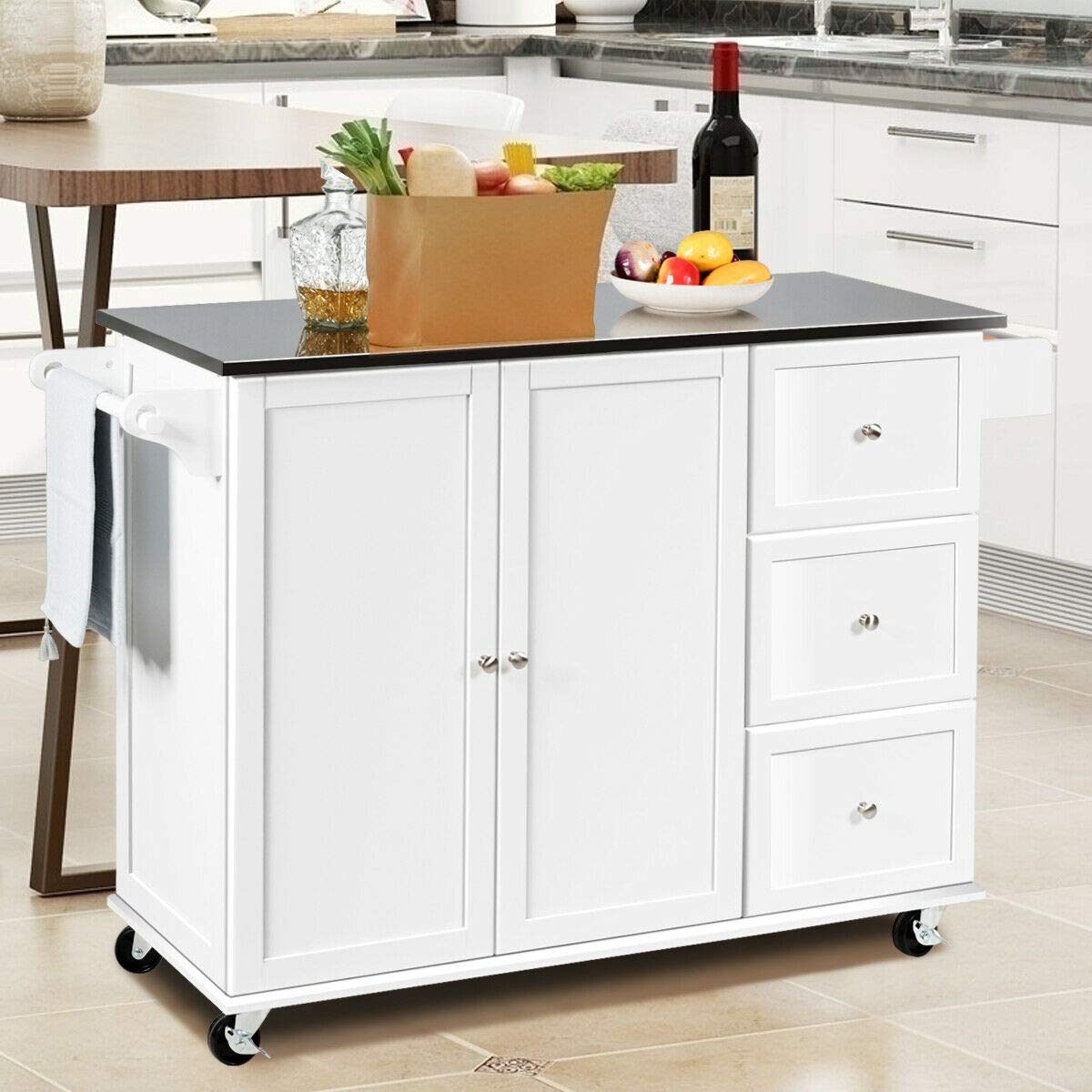 Giantex Kitchen Island with Stainless Steel Countertop, Dark Brown