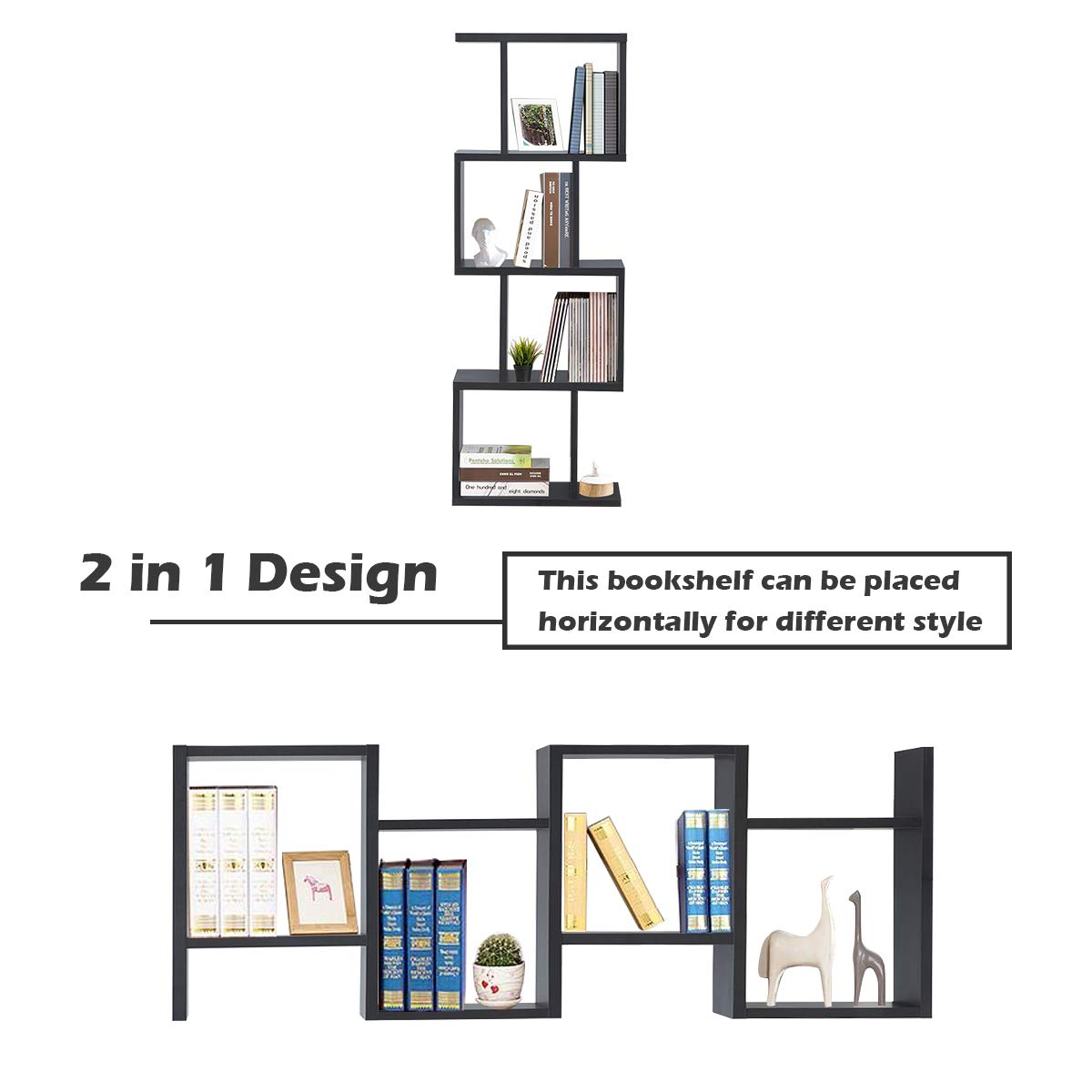 4 Tier Bookshelf S Shaped Bookcase, Multifunctional Wooden Display Decor Furniture