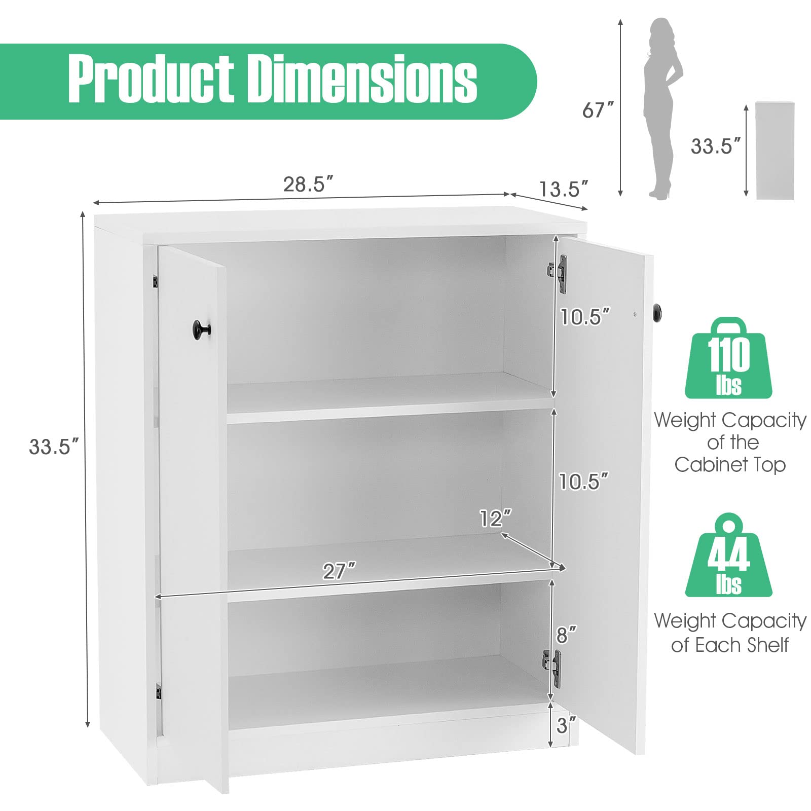 Giantex 2 Door Storage Base Cabinet - Freestanding Floor Cabinet with 3-Tier Shelf, White