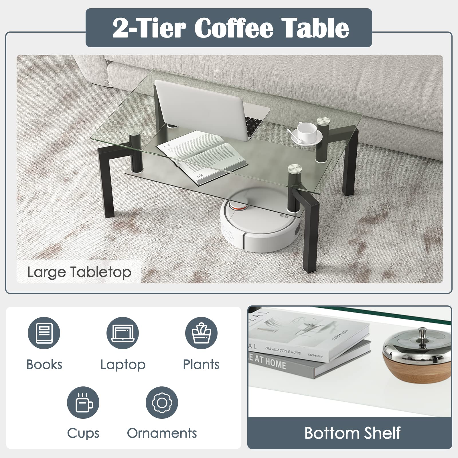 Giantex 2-Tier Glass Coffee Table - Center Table with Tempered Glass Top & Open Shelf