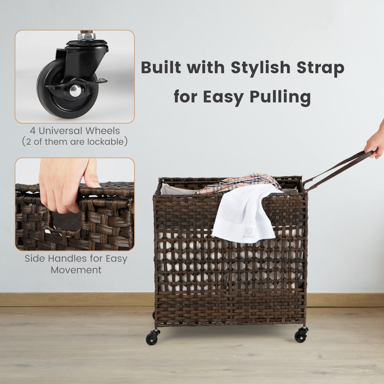 Giantex Laundry Hamper with Wheels and Lid, 33 Gal (125L) Wicker Laundry Basket, 2 Removable Liner Bags