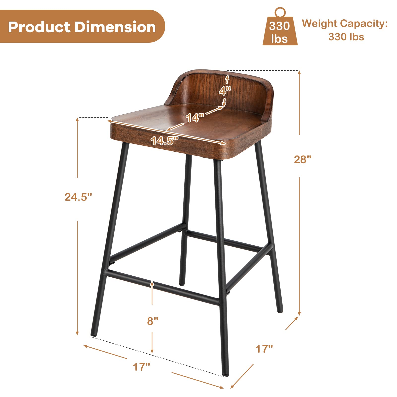 Bar Stool, 24.5-Inch Height Industrial Pub Stool with Backrest and Footrest, Metal Legs, Low-Back Breakfast