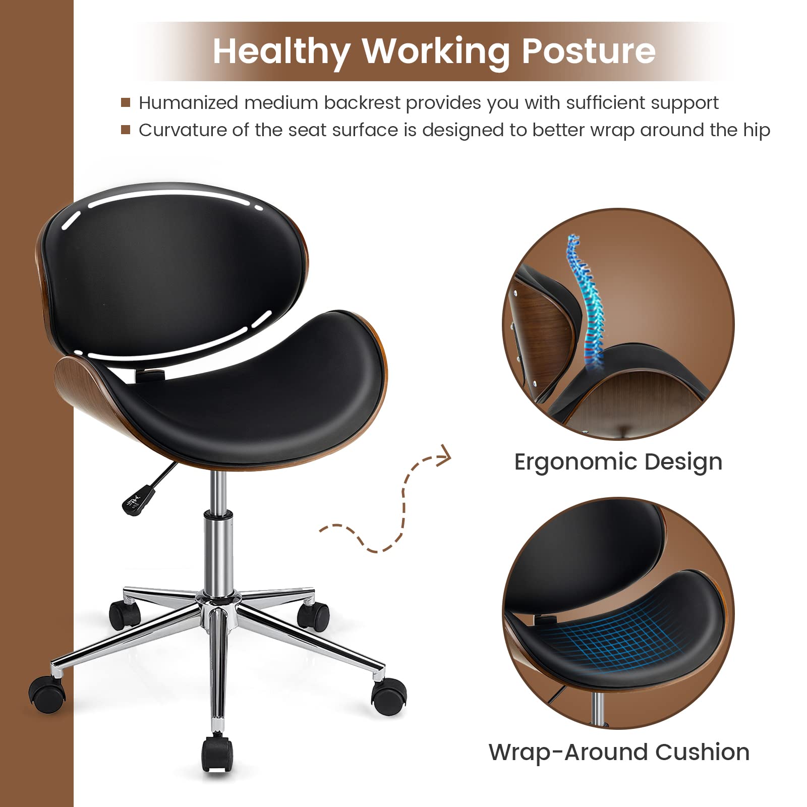 Giantex Home Office Chair, Adjustable Swivel Vanity Chair with Wheels Wing Back Curved Bentwood Seat (Black)