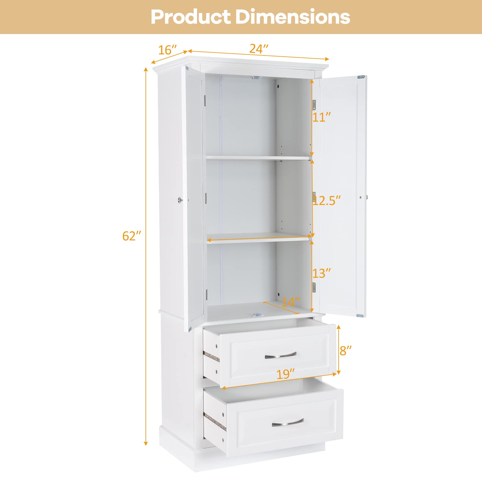 Giantex Kitchen Pantry Cabinet - 62” Floor Storage Cabinet with 2 Large Drawers(White)