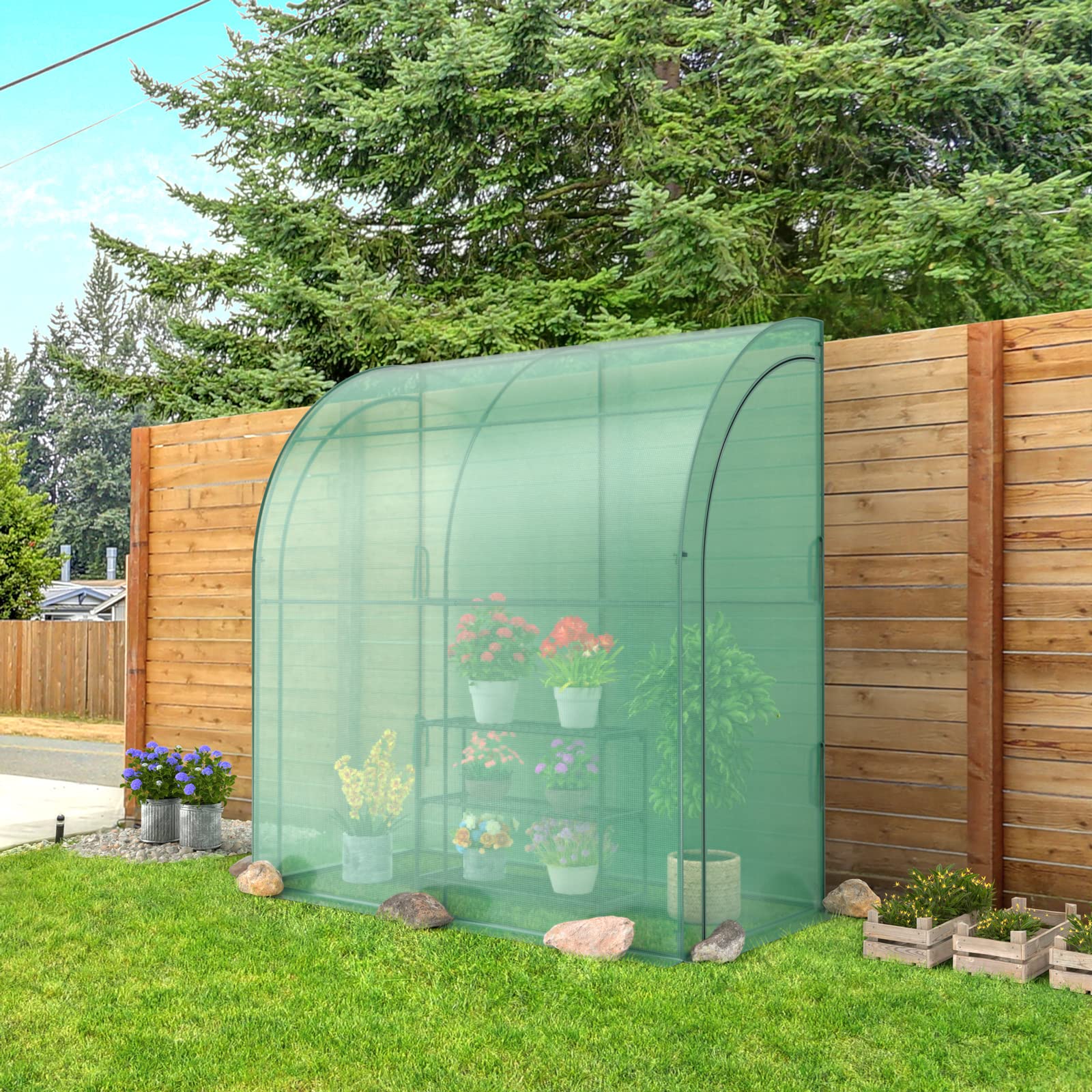 Giantex Walk-in Lean-to Greenhouse - with 3-Tier Plant Stand, 7’x 3.5’x 7’ Green House, PE Grid Cover