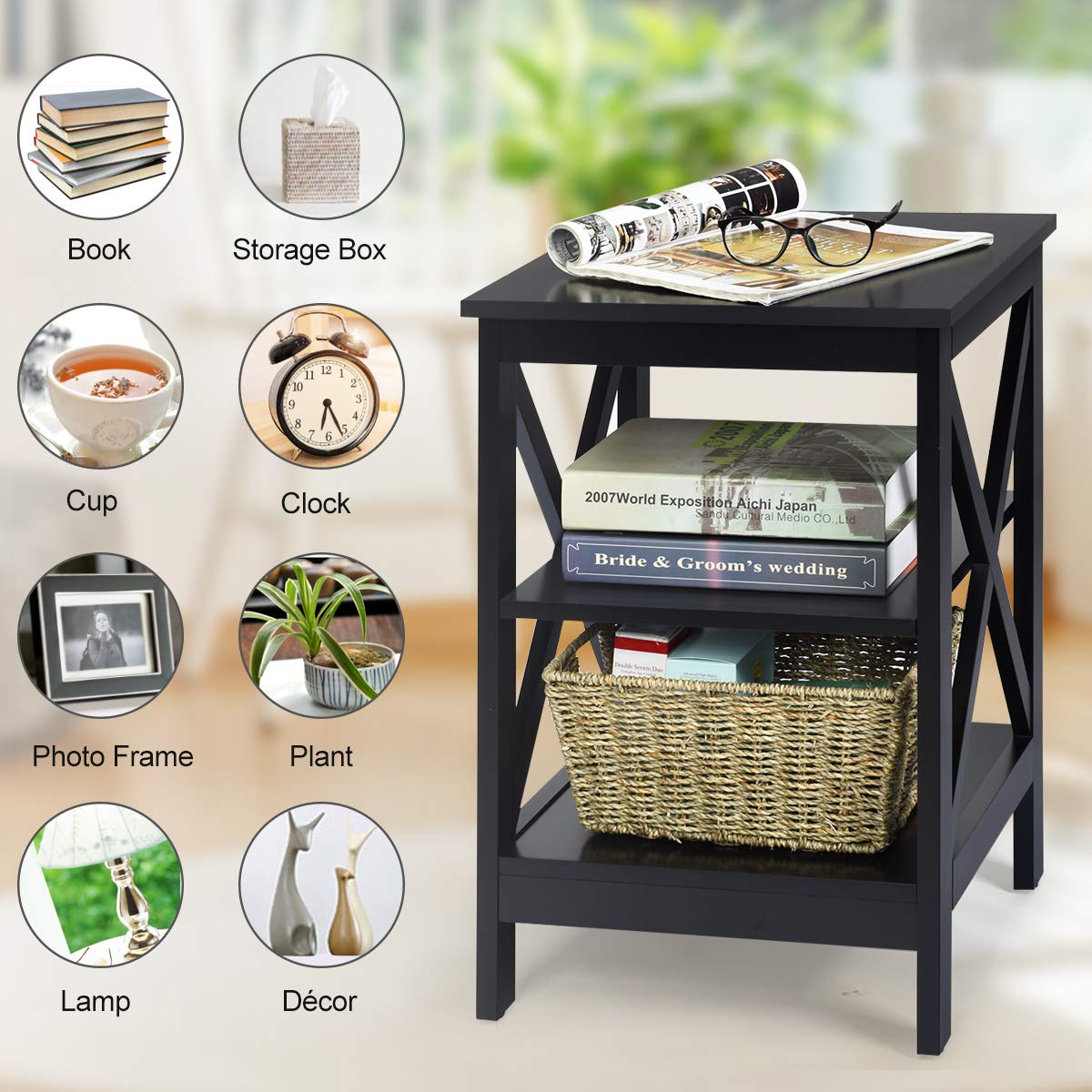 Nightstand 3-Tier X-Design W/Storage Shelves and Stable Structure Storage Organizer Display Sofa Side Table