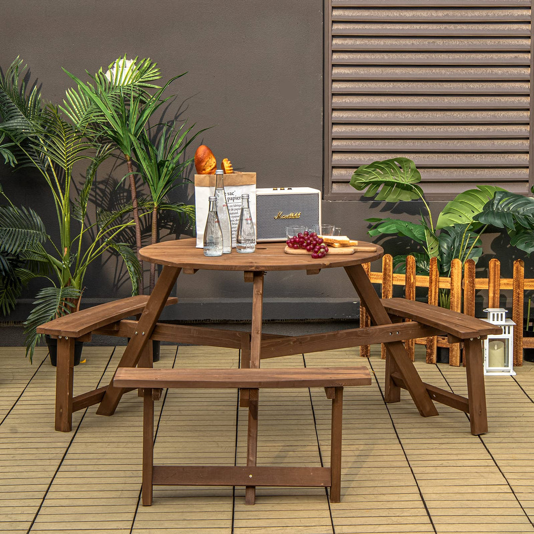 Giantex Wooden Picnic Table for 6 Person, Round Outdoor Table with 3 Benches, Umbrella Hole