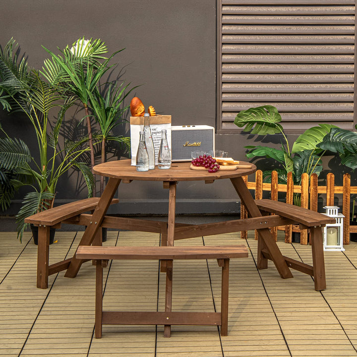 Giantex Wooden Picnic Table for 6 Person, Round Outdoor Table with 3 Benches, Umbrella Hole