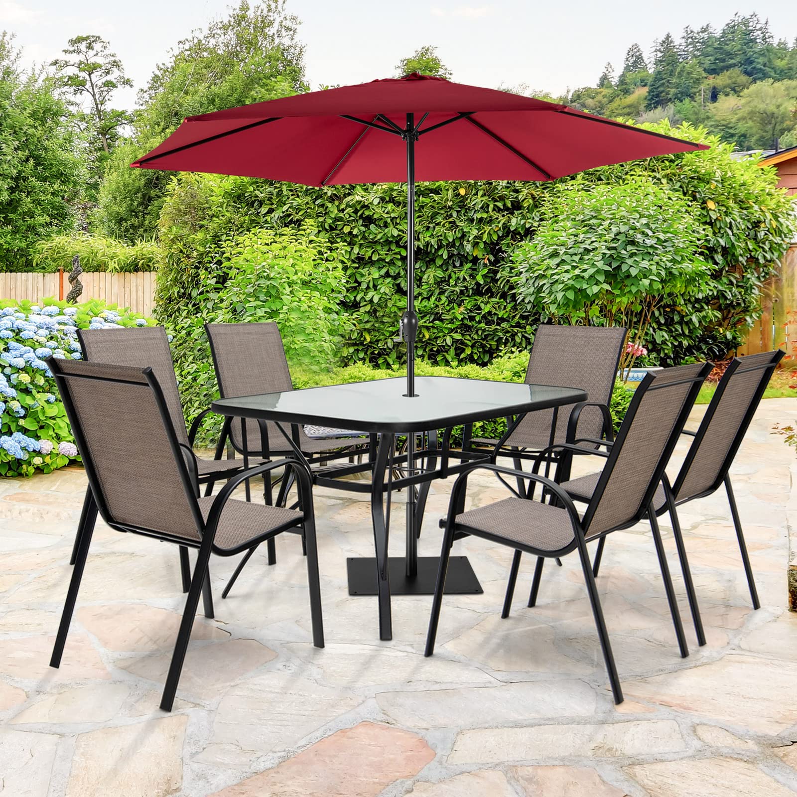 Giantex 7 Piece Patio Dining Set, Outdoor Dining Table Set with 6 Stackable Chairs