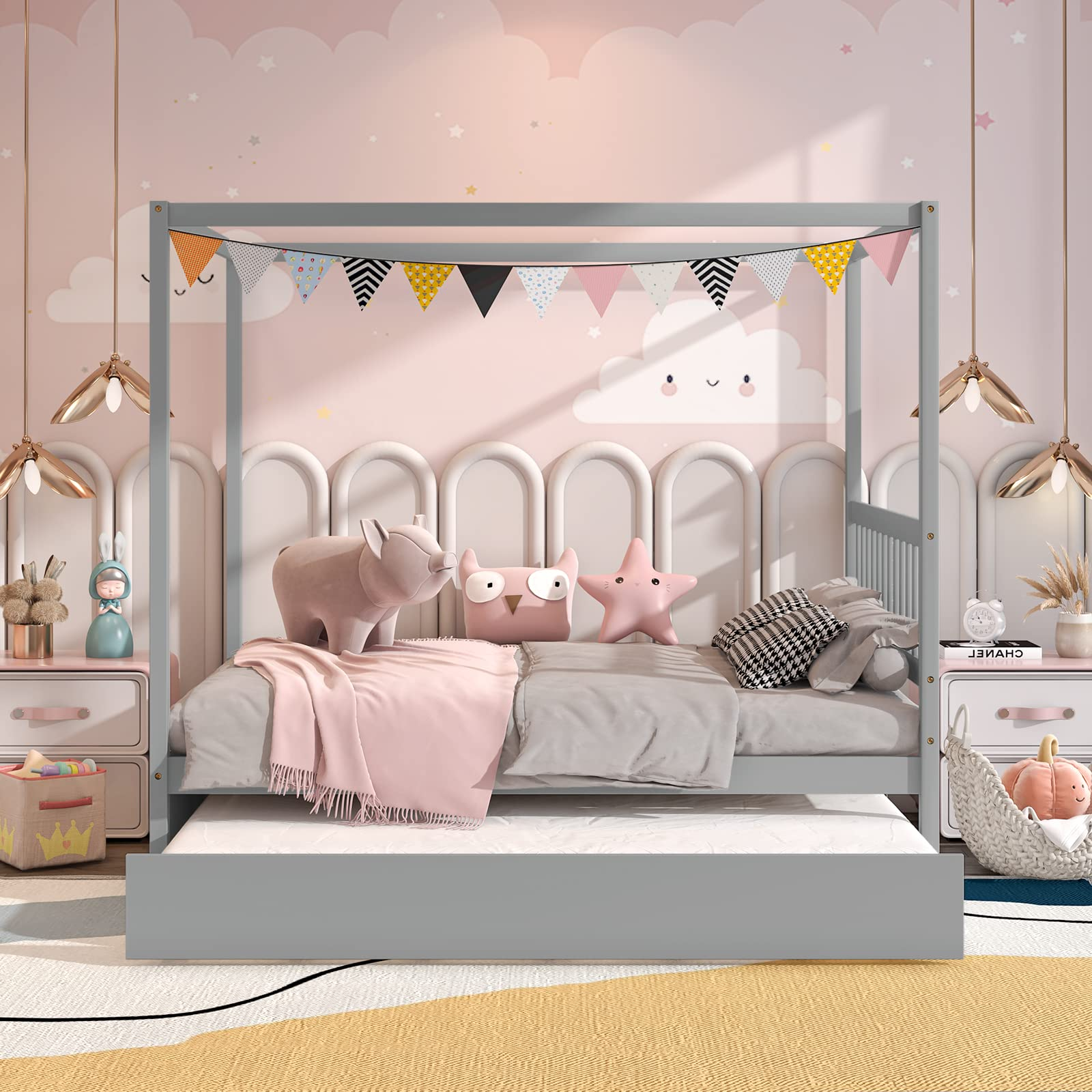 Giantex Canopy Bed w/ Trundle, Full Size Kids Solid Wood Platform Bed Frame