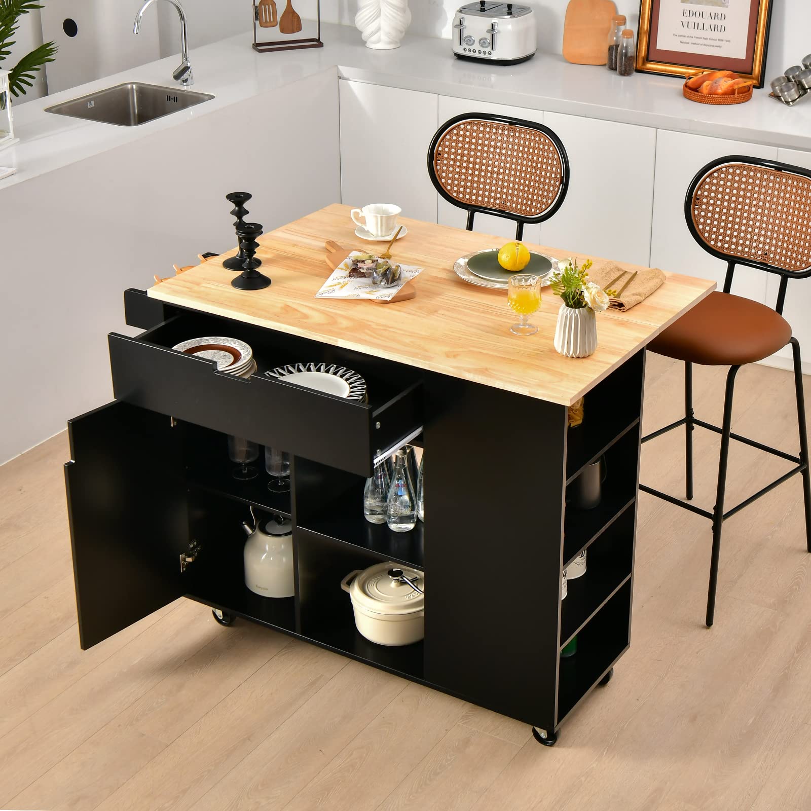 Giantex Kitchen Island Cart Drop-Leaf Countertop, Rubber Wood Breakfast Dining Table w/Large Drawer
