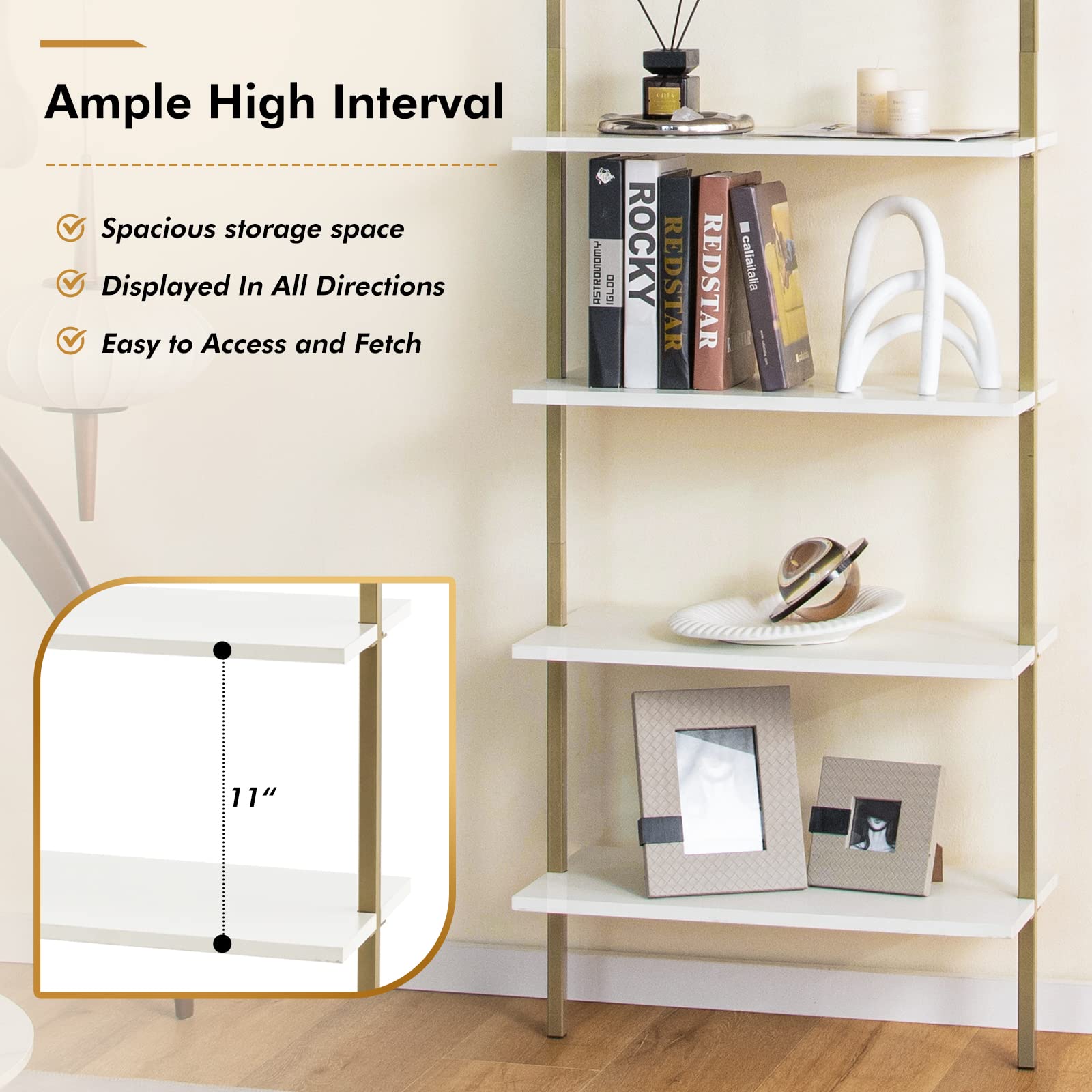 Giantex 5 Tier Modern Wall Mounted Bookshelf, 71'' White and Gold Wood Bookcase with Steel Frame