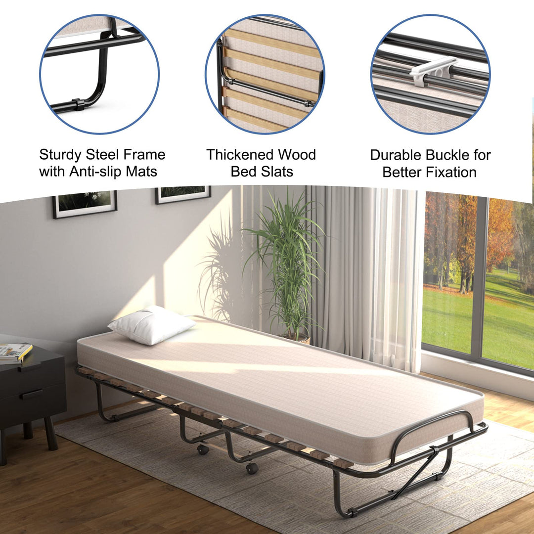 Giantex Folding Bed with Mattress for Adults, 75" x 32" Rollaway Guest Beds w/ 3 Inch Foam Mattress & Sturdy Metal Frame