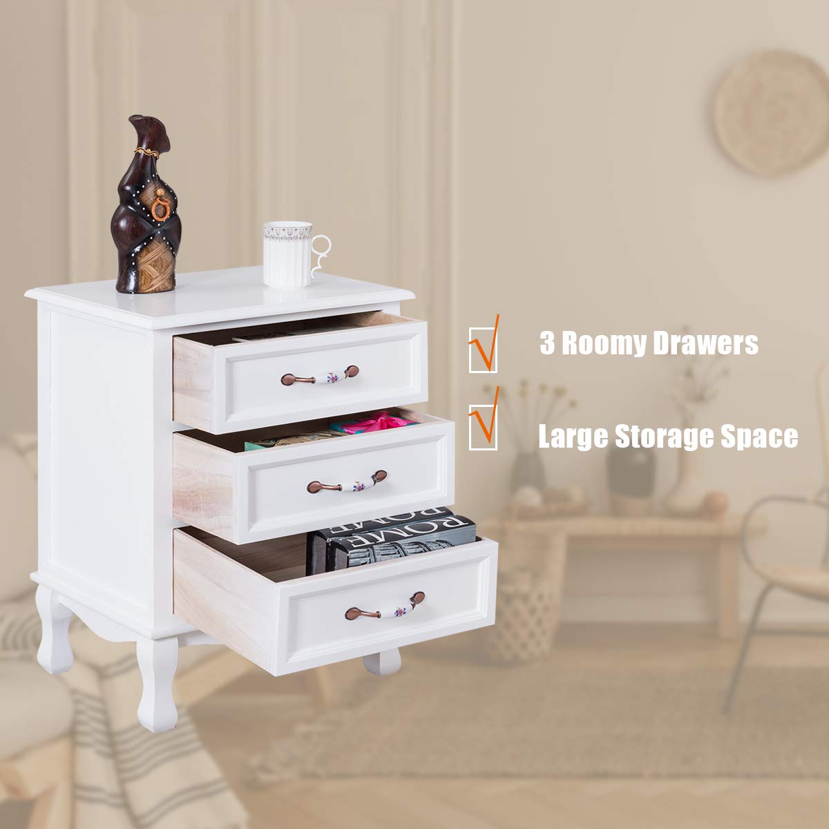 3 Drawers Nightstand Storage Wood Cabinet - Giantex