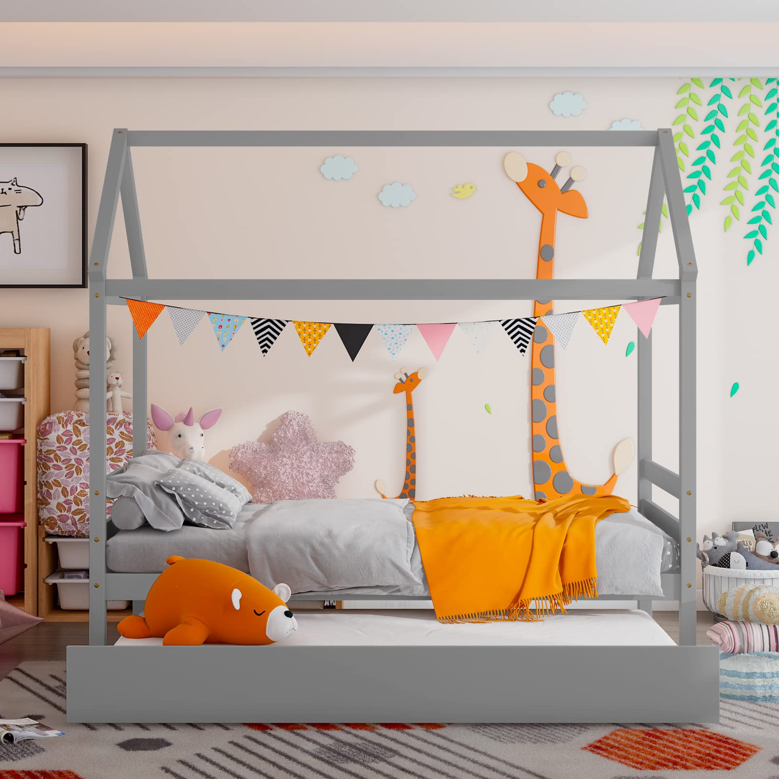 Giantex House Bed with Trundle, Solid Wood Twin Size Daybed for Girls & Boys