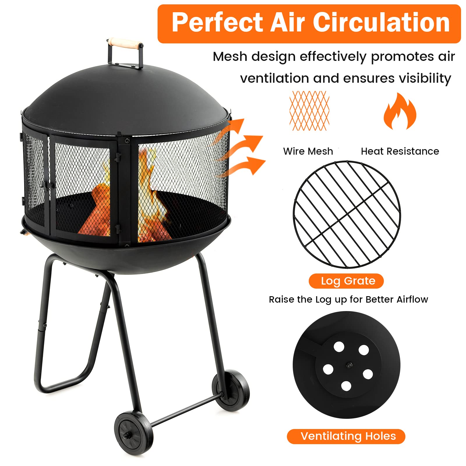Giantex 28” Portable Fire Pit on Wheels - Mobile Wood Burning Firepit with Log Grate