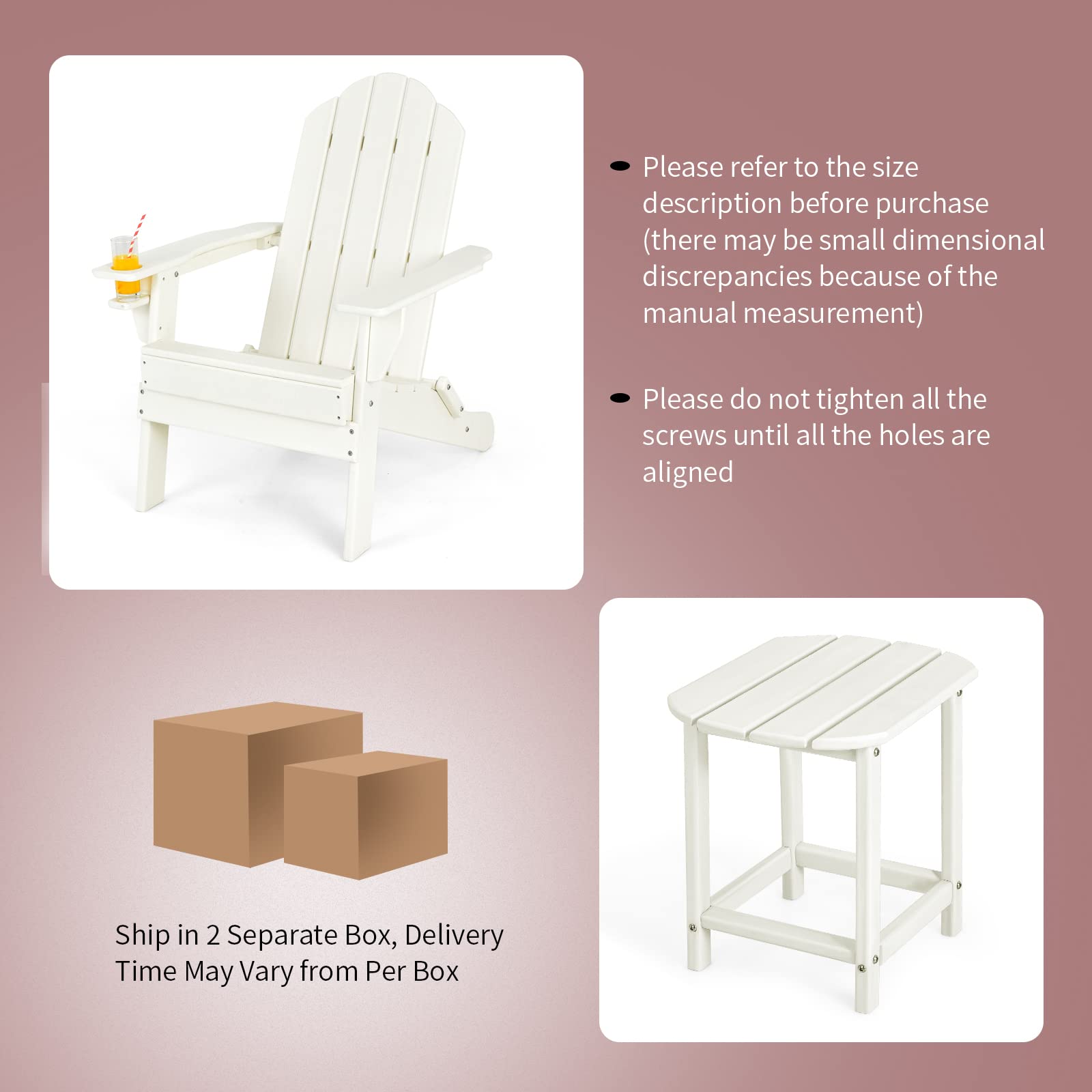Adirondack Chair with Side Table, Outdoor Fire Pit Chair Set with End Table, White
