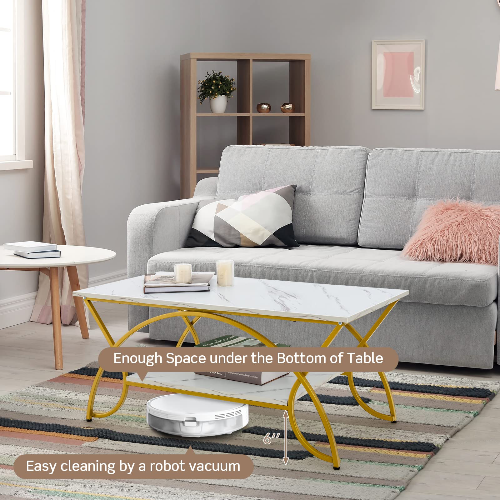 Giantex 2-Tier Rectangular Coffee Table, Modern Chic Cocktail Table with Open Storage Shelf, White/Gold