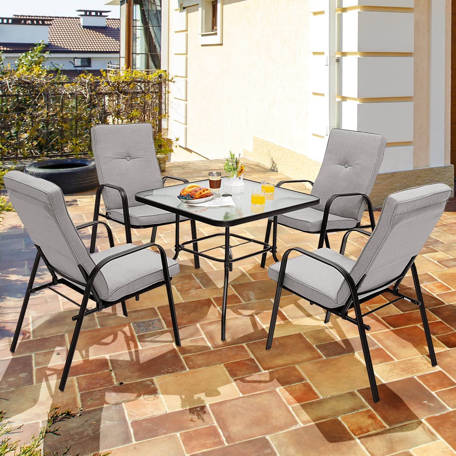 Giantex 6 Piece Outdoor Table and Chairs Set, Patio Dining Set with Umbrella