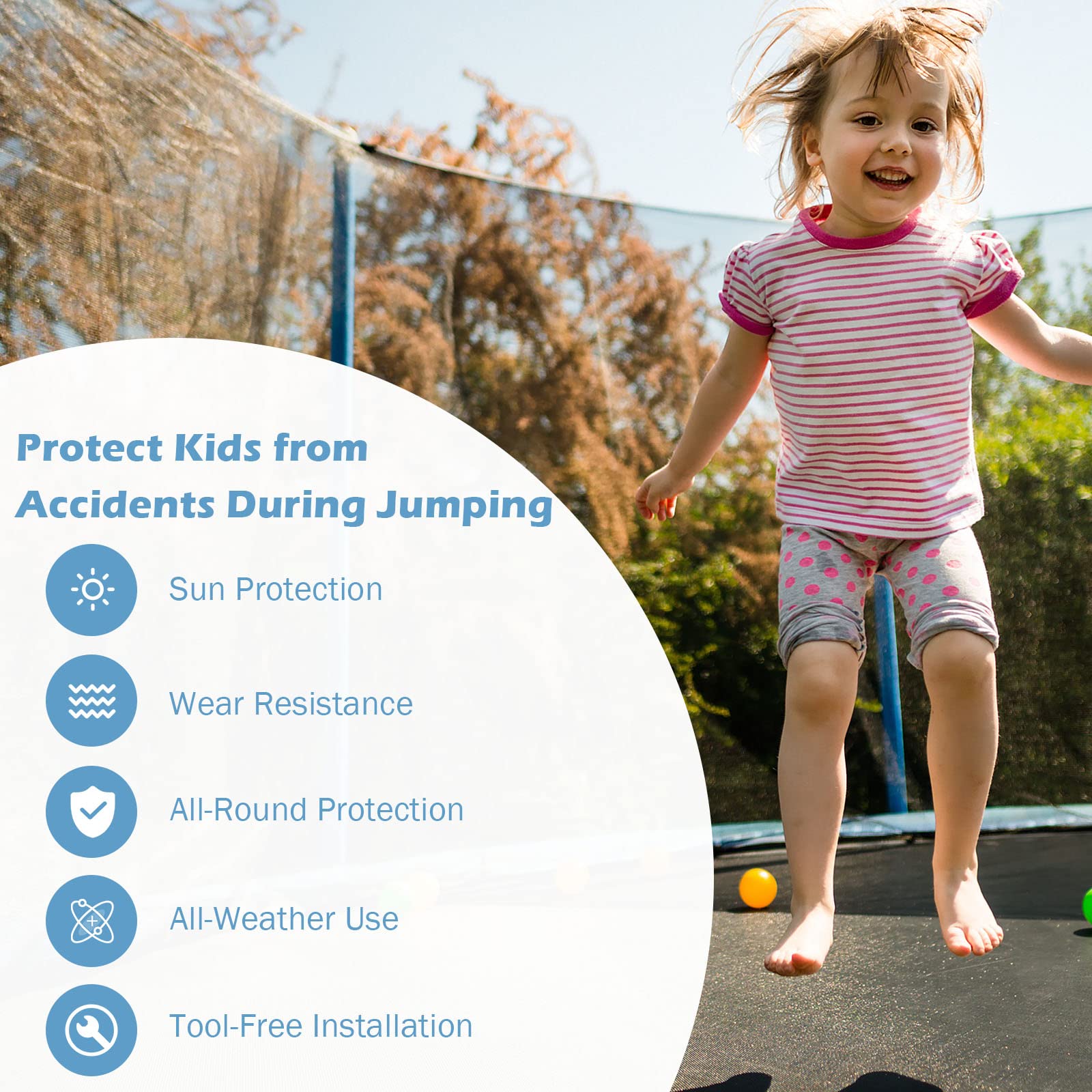 Trampoline Safety Net w/Adjustable Straps, 8 10 12 14 15 16Ft Weather-Resistant Replacement Enclosure Net
