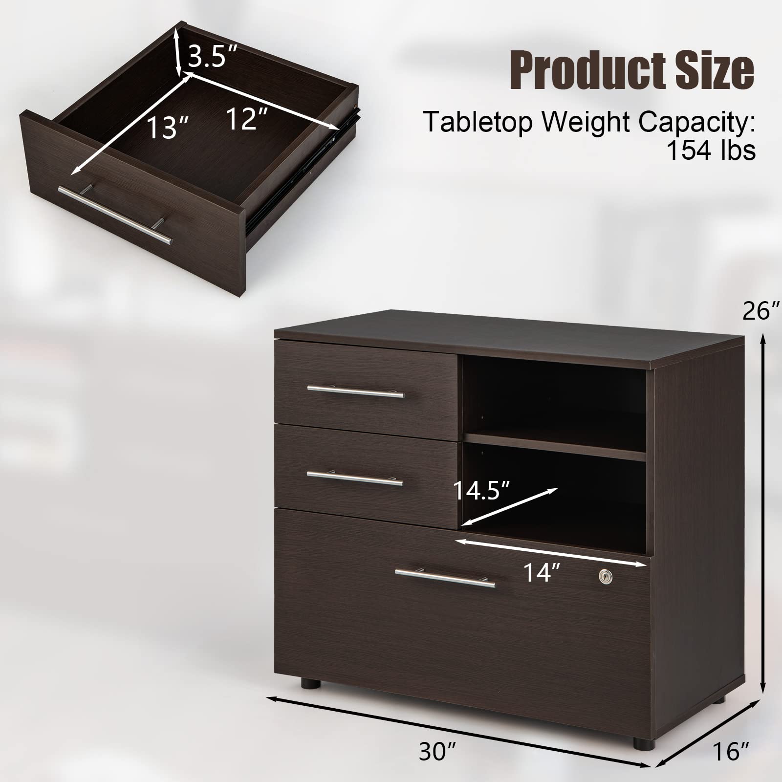 Giantex 3-Drawer Lateral File Cabinet - Under Desk Printer Stand with Storage Shelves