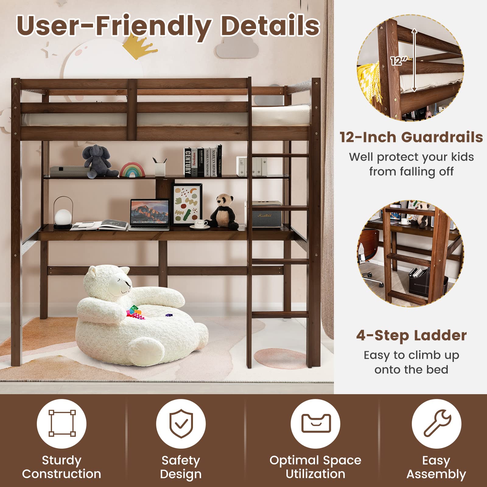 Giantex Twin Loft Bed with Desk and Bookshelf, Wooden Bed Frame with Safety Guardrail & Ladder
