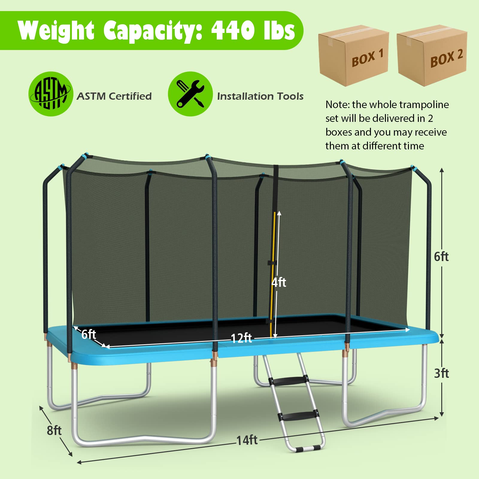 Giantex Trampoline, 8 FT x 14 FT ASTM Certified Rectangular Trampoline with Enclosure, Ladder, Double-Side Galvanized Steel Frame