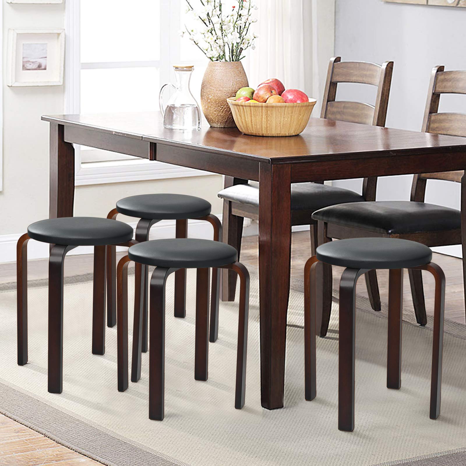 4-Pack Bentwood Stack Stools, 18.5-Inch Portable Stools with PU Leather Round Top, Non-Slip Foot Mats