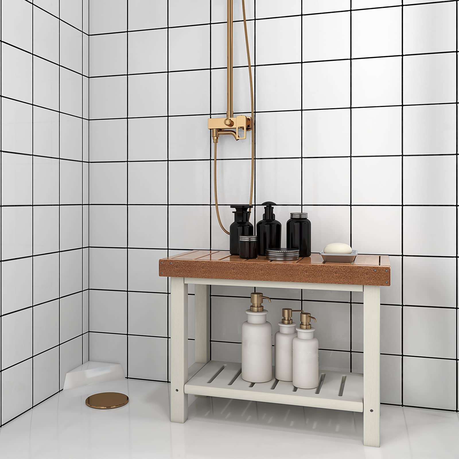 Giantex Shower Bench Stool Waterproof - HDPE Shower Seat with Storage Shelf for Shaving Legs