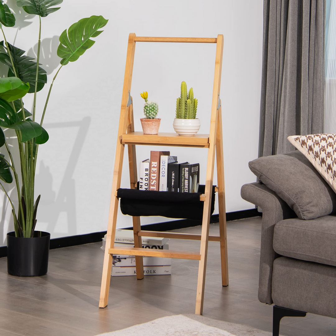 100% Bamboo Folding Step Stool with Handrail | 3 Step Ladder