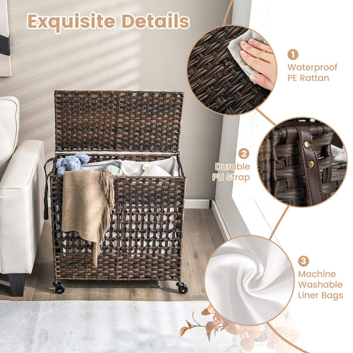 Giantex Laundry Hamper with Wheels and Lid, 33 Gal (125L) Wicker Laundry Basket, 2 Removable Liner Bags