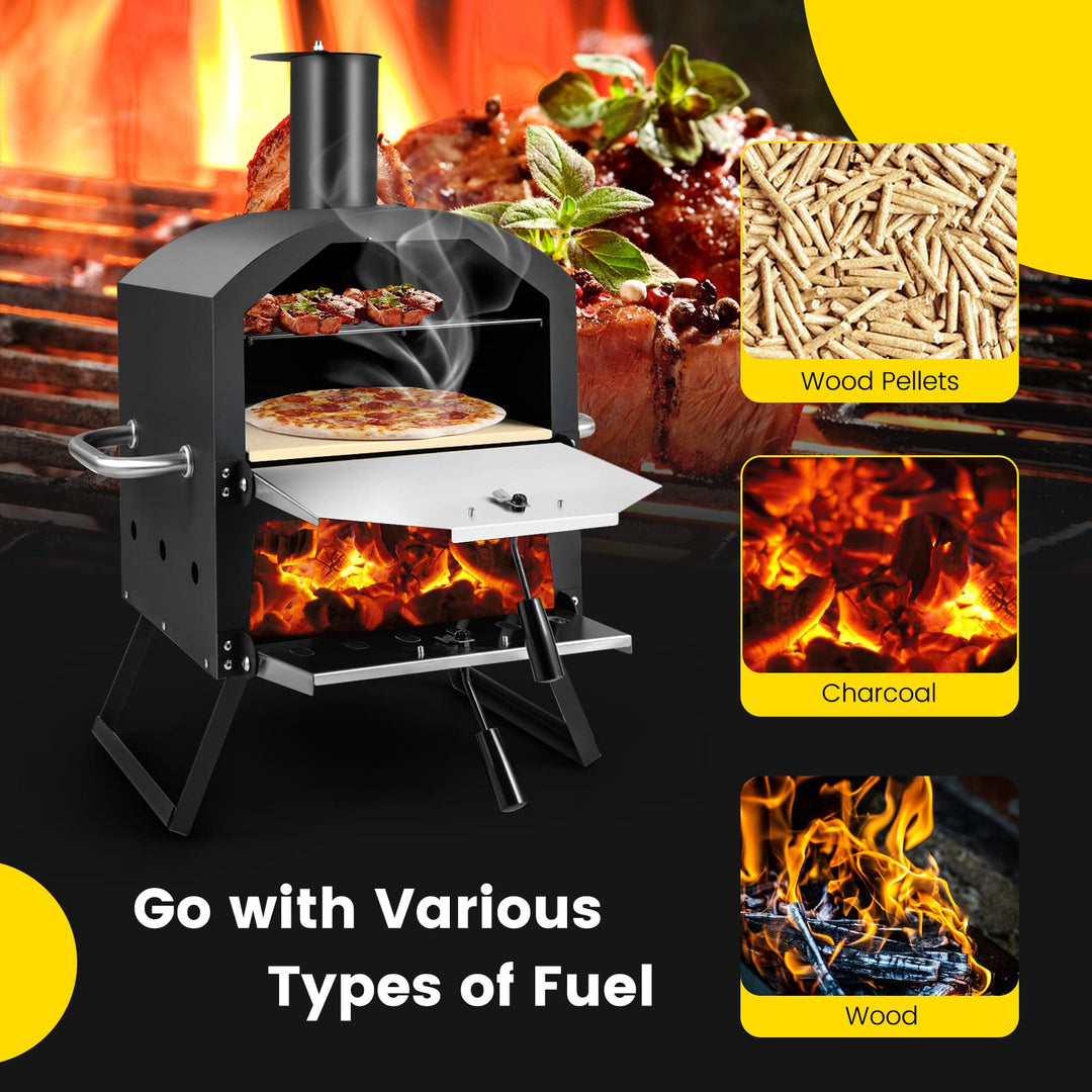 Giantex Outdoor Pizza Oven Wood Fired, 2-Layer Pizza Maker with Pizza Stone, Pizza Peel (Black)