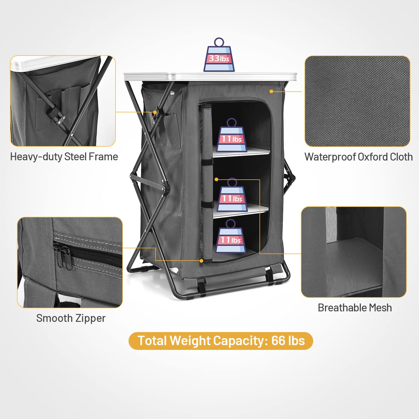 Folding Camping Storage Cabinet with 3 Shelves and Carry Bag