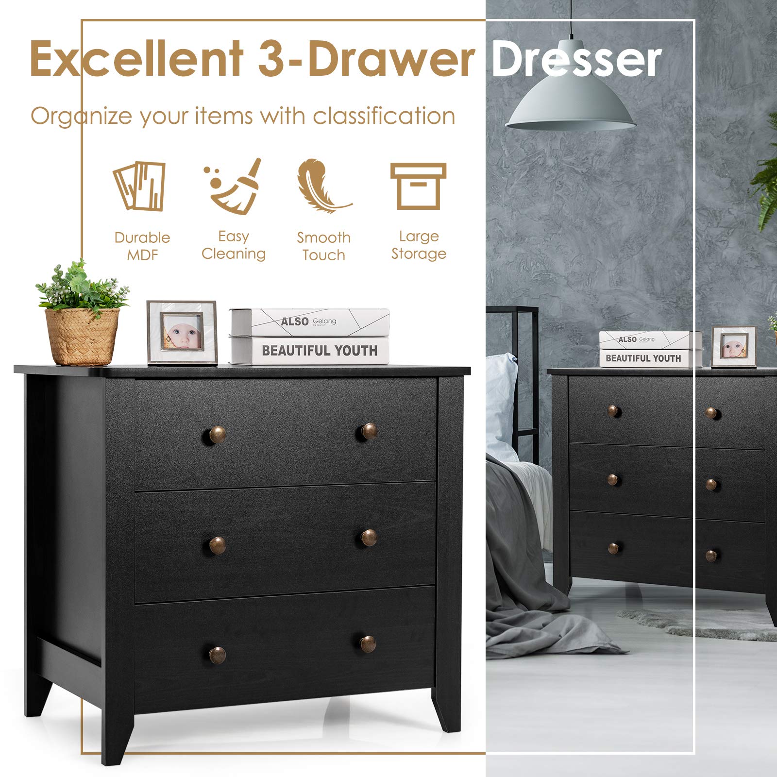 Giantex Modern Simple Dresser 3-Drawers Chest with Solid Curved Legs