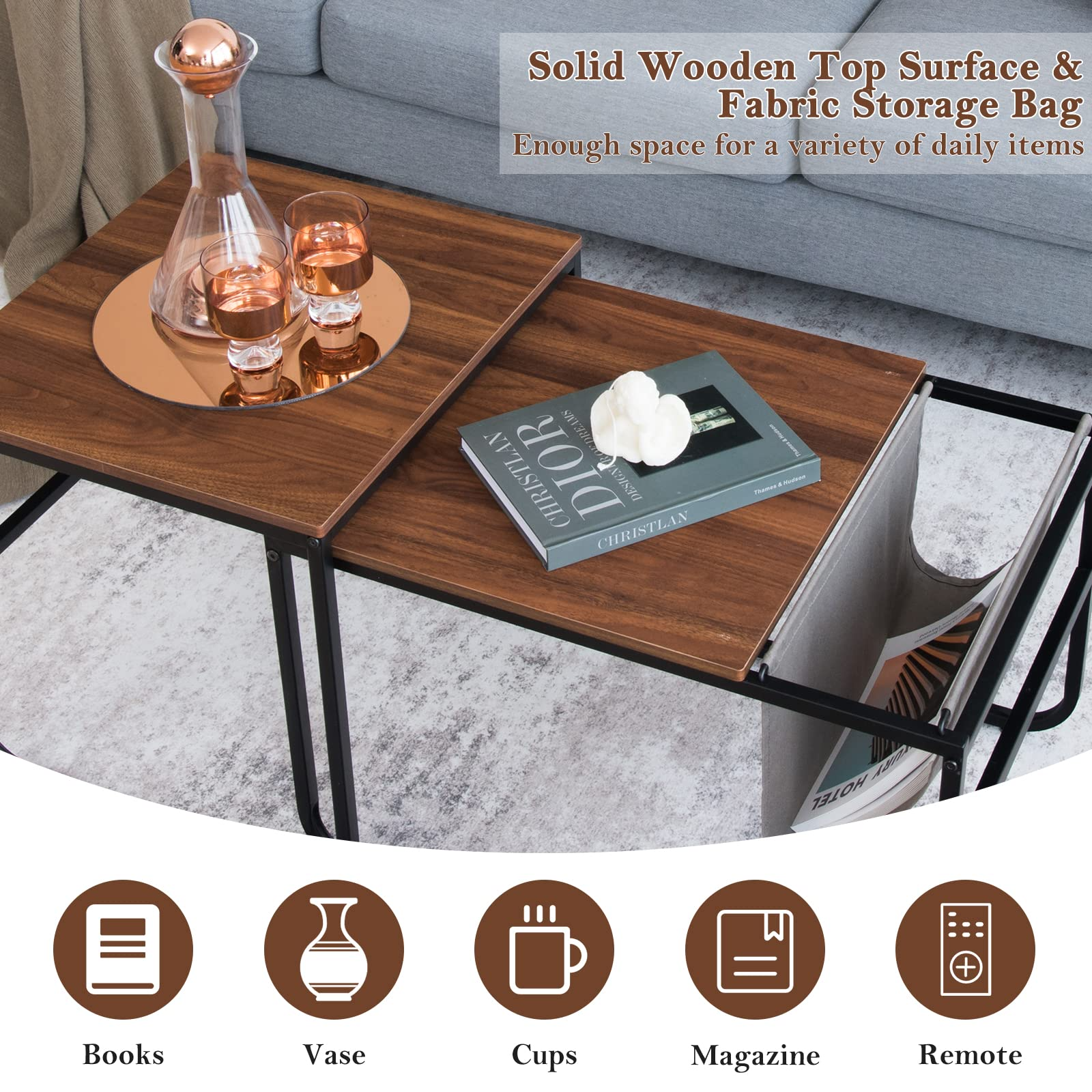 Nesting Coffee Table Set of 2, Stackable Side Table w/Side Pocket