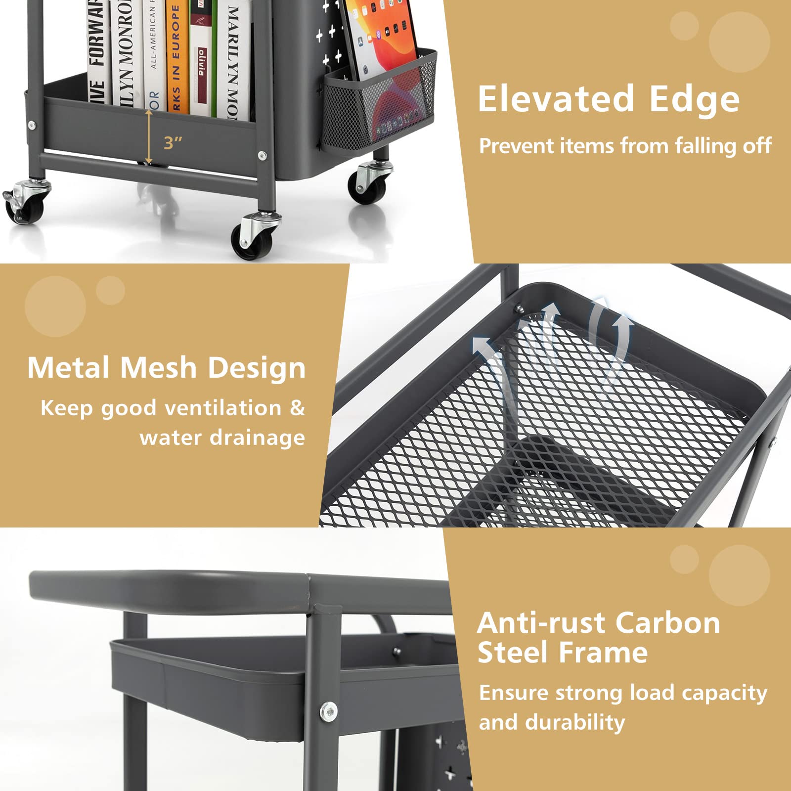 Giantex 3-Tier Utility Cart, Rolling Storage Organizer w/ Pegboards, 2 Mesh Baskets, 4 Hanging Hooks, Art Craft Trolley