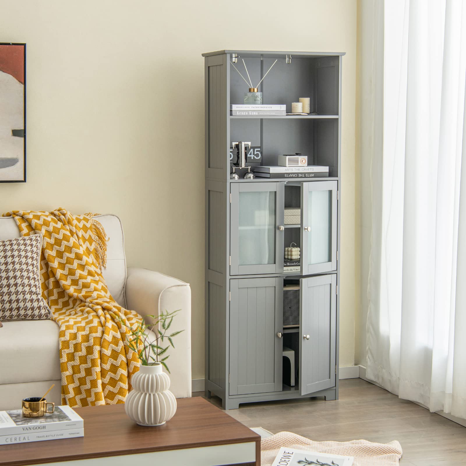 Giantex 64" Tall Bathroom Storage Cabinet, Freestanding Kitchen Pantry Cupboard with 2 Cabinets