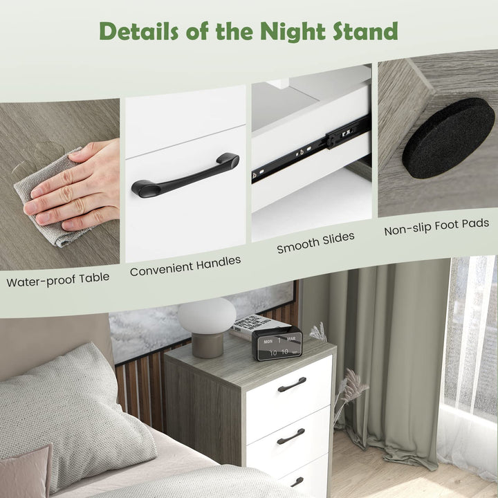 Giantex Storage Drawer Dresser - Wood End Table, Night Stand with 3 Drawers (1, White & Gray)