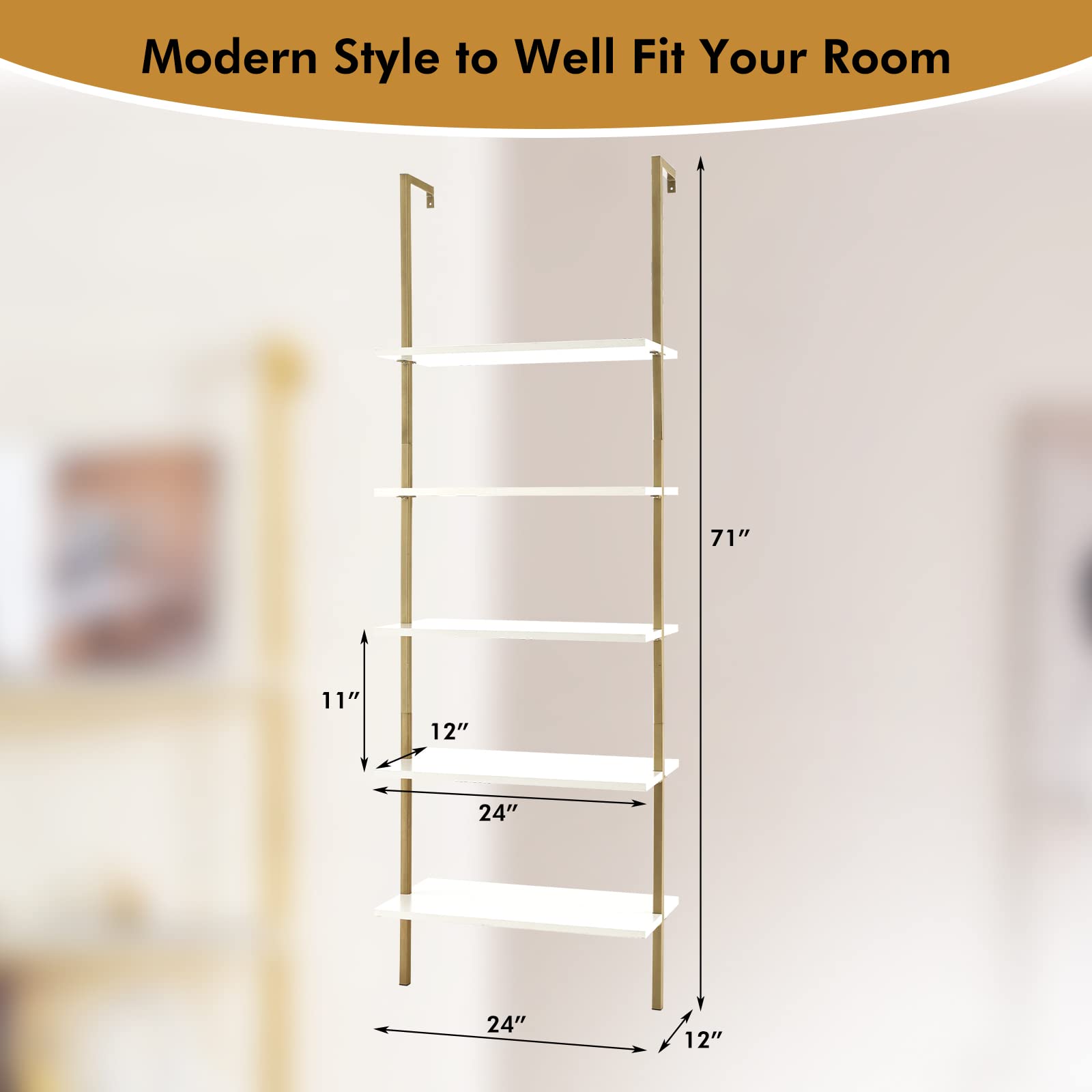 Giantex 5 Tier Modern Wall Mounted Bookshelf, 71'' White and Gold Wood Bookcase with Steel Frame