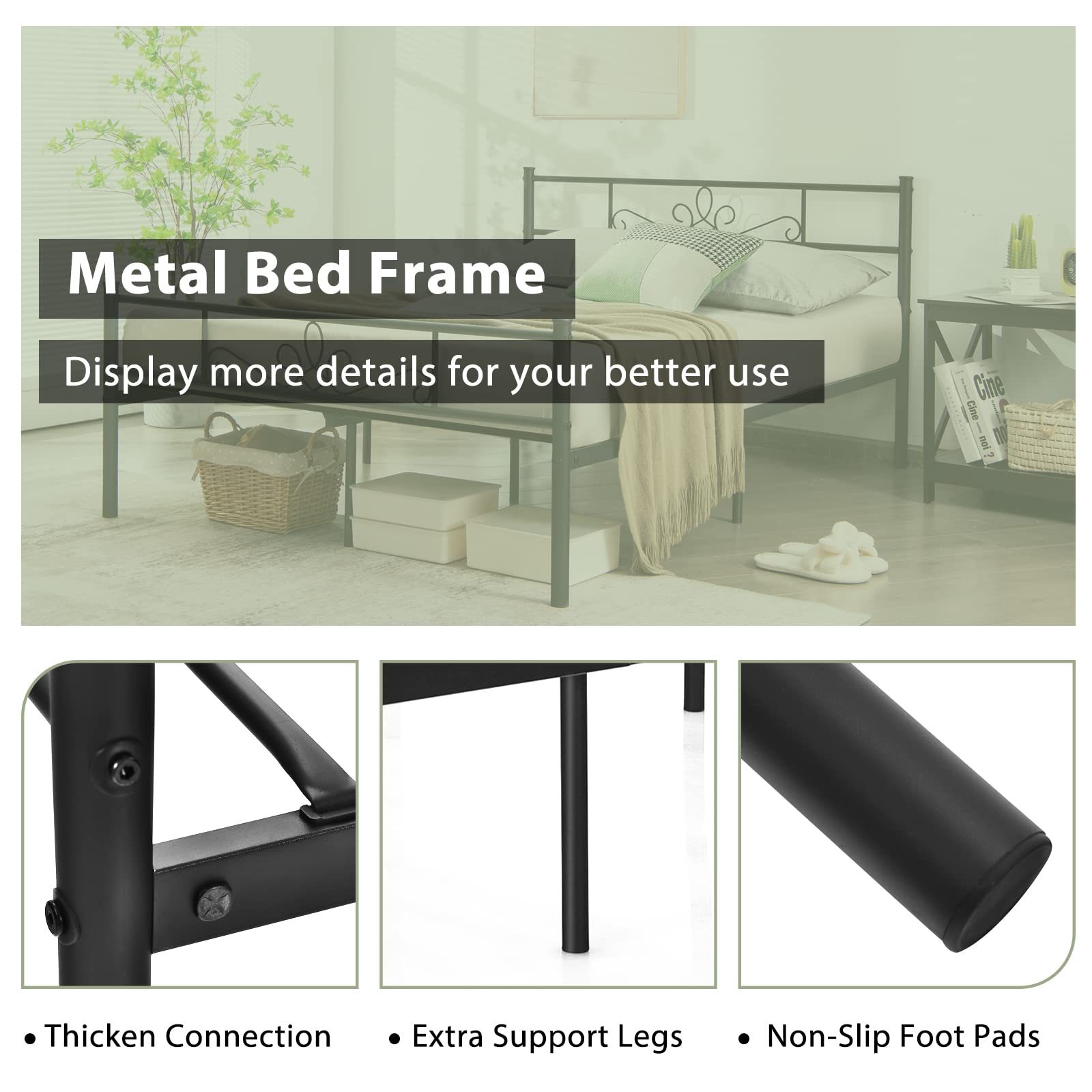 Mattress Foundation w/Heavy Duty Steel Slat Support, No Box Spring Needed