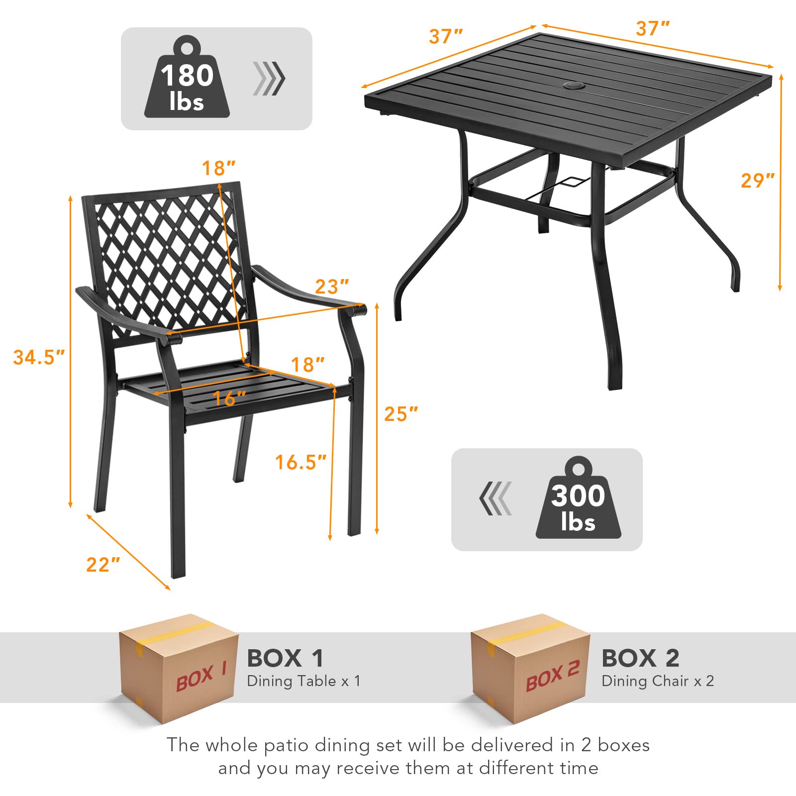 Giantex 3 Pieces Outdoor Dining Set, Patio Table & 2 Stackable Chairs, Outside Dining Furniture