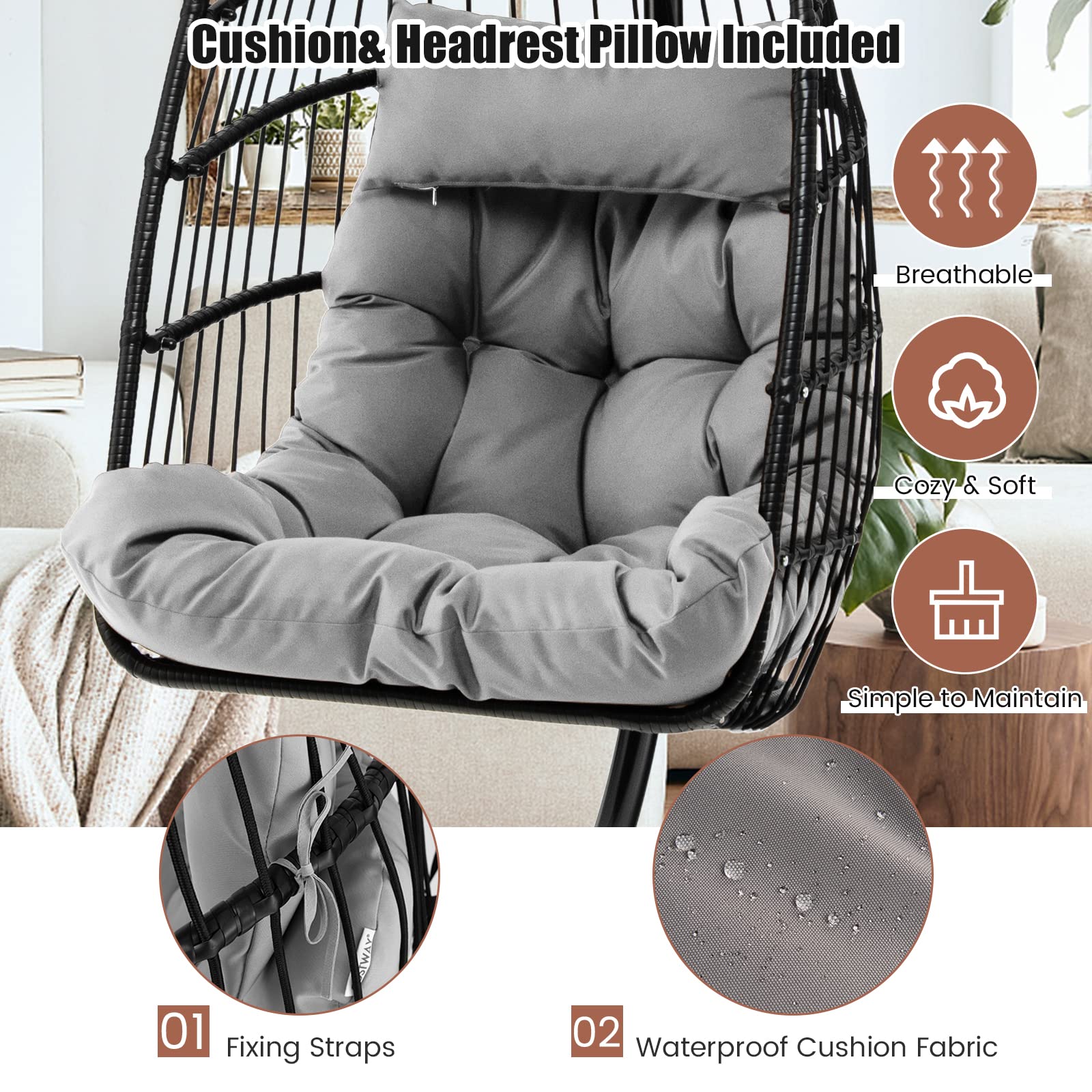 Giantex Egg Chair with Stand, Hanging Basket Chair Hammock Chair w/ Steel Stand Pillow Seat Cushion Rattan Basket & Dust Cover