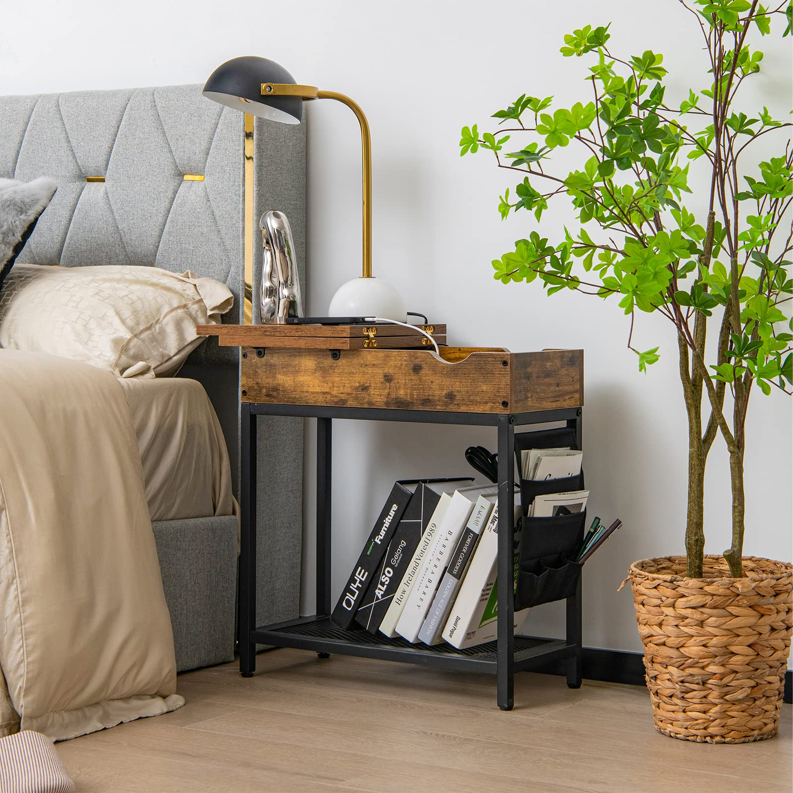 Giantex Set of 2 End Table with Charging Station, Industrial Multifunctional Nightstand