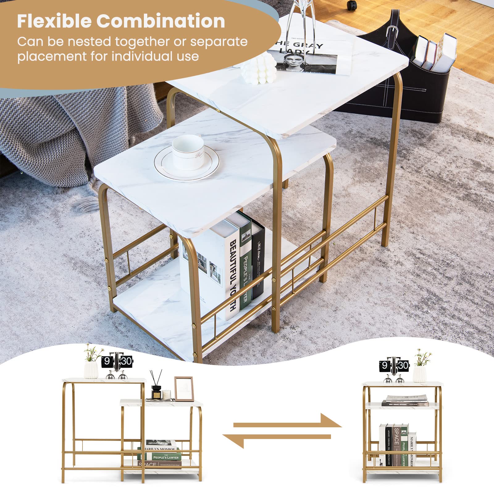 Giantex Nesting Tables Set of 2, Faux Marble End Table Sets