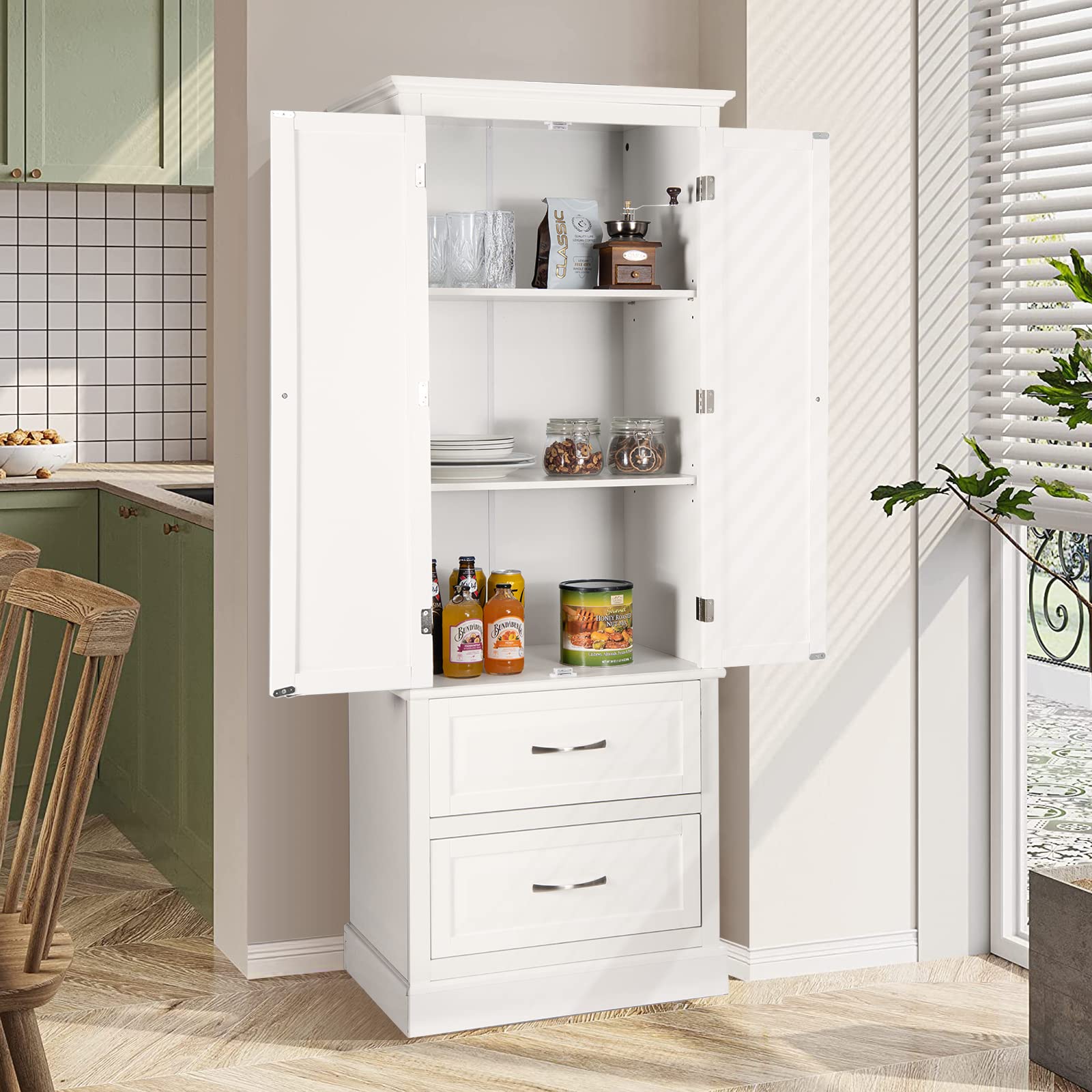 Giantex Kitchen Pantry Cabinet - 62” Floor Storage Cabinet with 2 Large Drawers(White)
