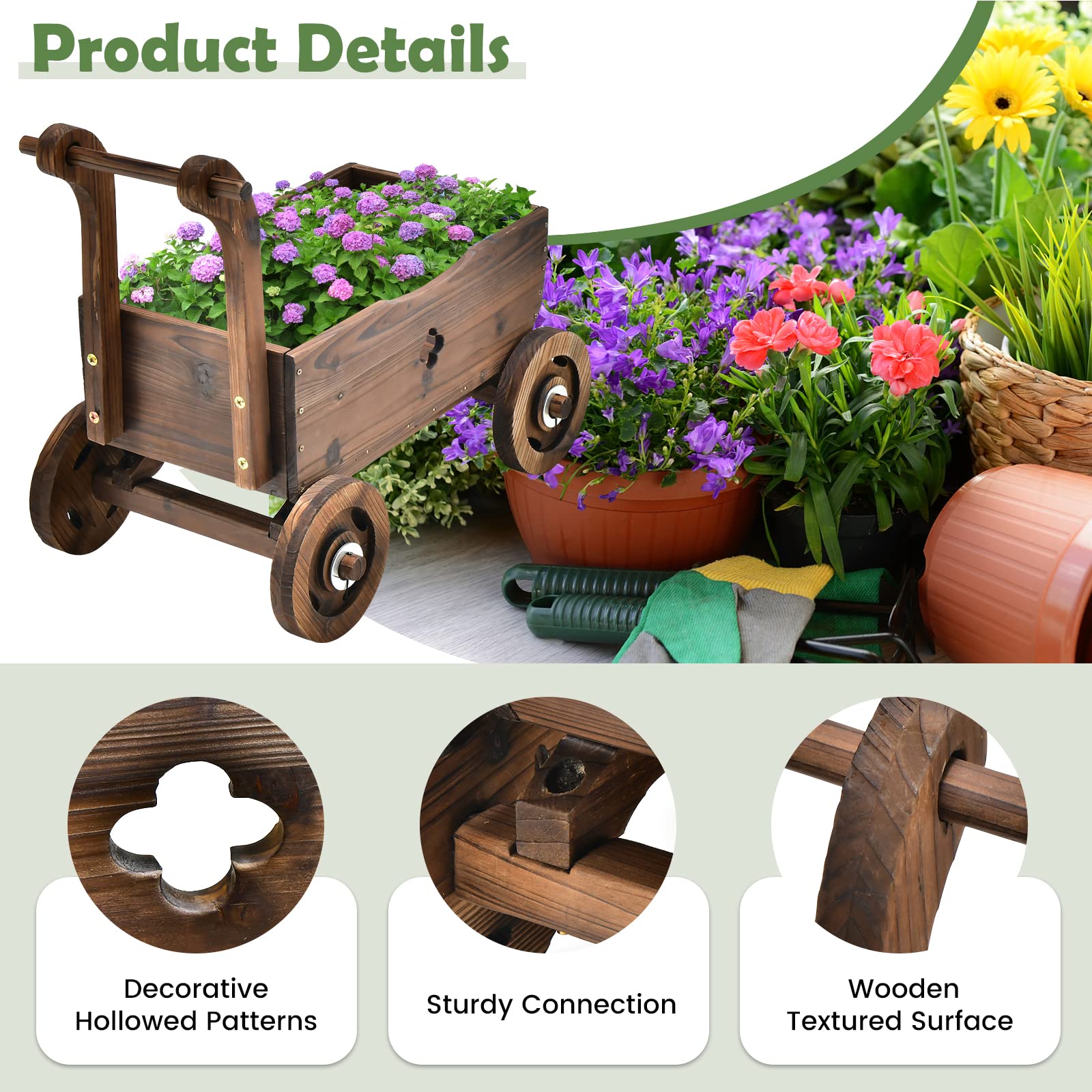 Giantex Wooden Wagon Planter Raised Bed on Wheels, Handle, Drainage Hole