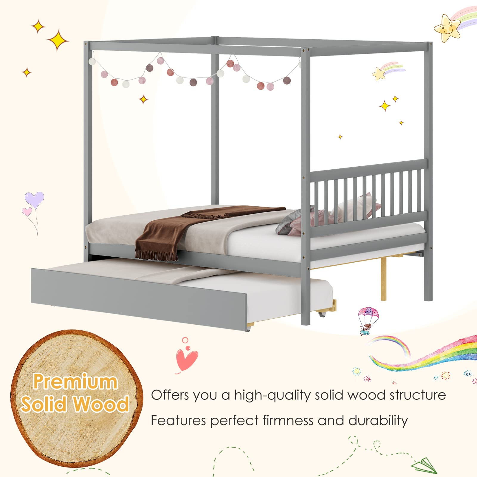 Giantex Canopy Bed w/ Trundle, Full Size Kids Solid Wood Platform Bed Frame